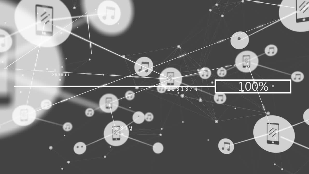 animación de la barra de porcentaje de carga sobre la red de conexiones e iconos digitales sobre fondo gris