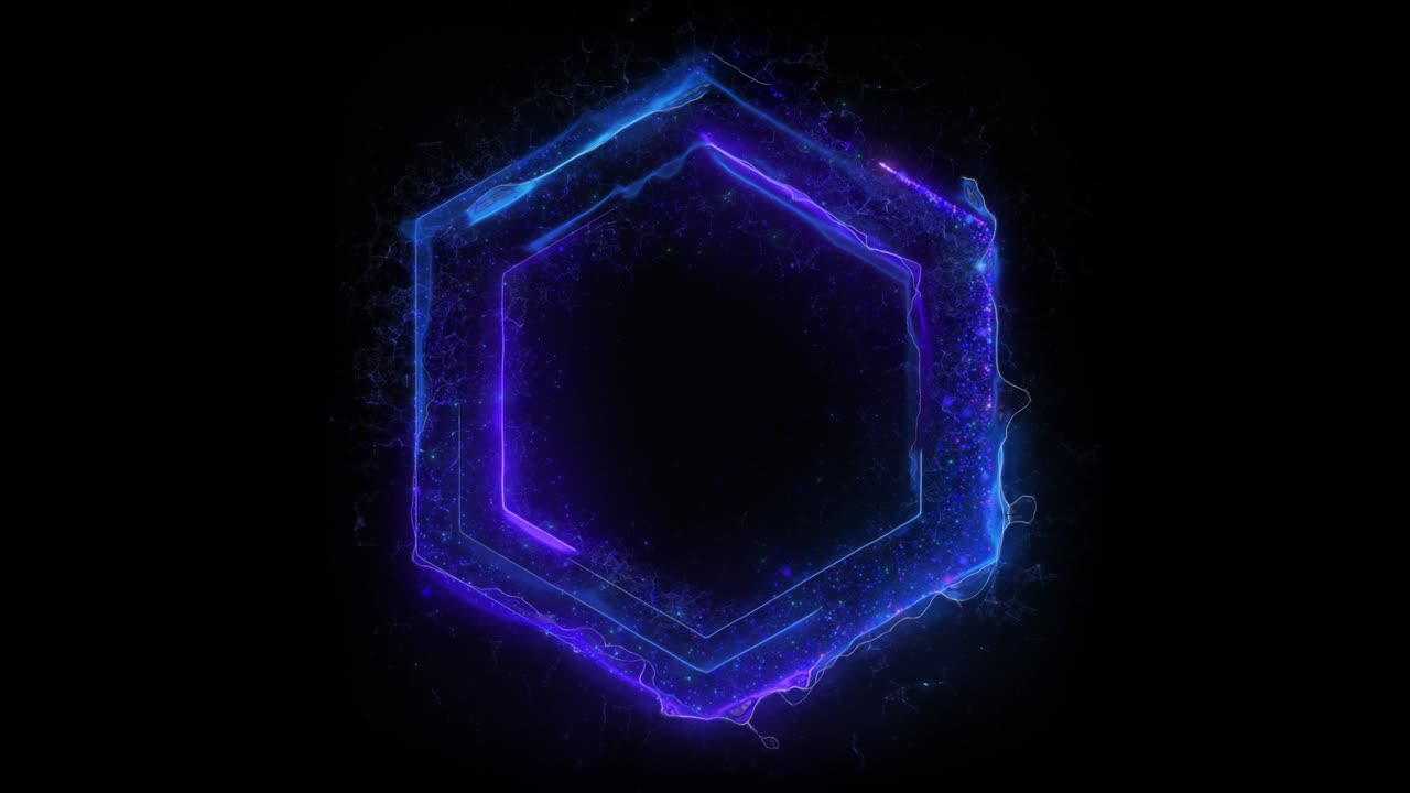 bucle sin costuras. animación de un portal eléctrico hexagonal azul formado por relámpagos, energía y partículas aisladas en fondo negro con matte alfa luma