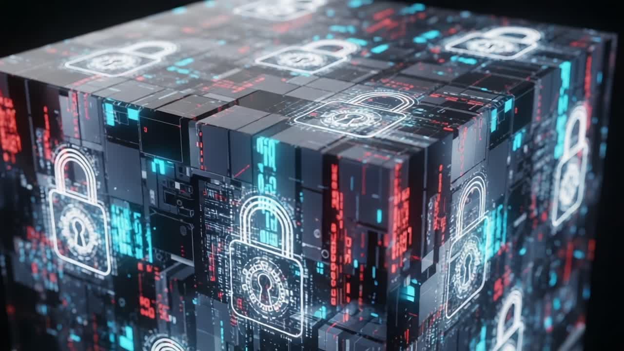 A Digital Security Cube: Exploring the Interface of Data Protection and Information Security through Futuristic Visuals Displaying Lock Symbols