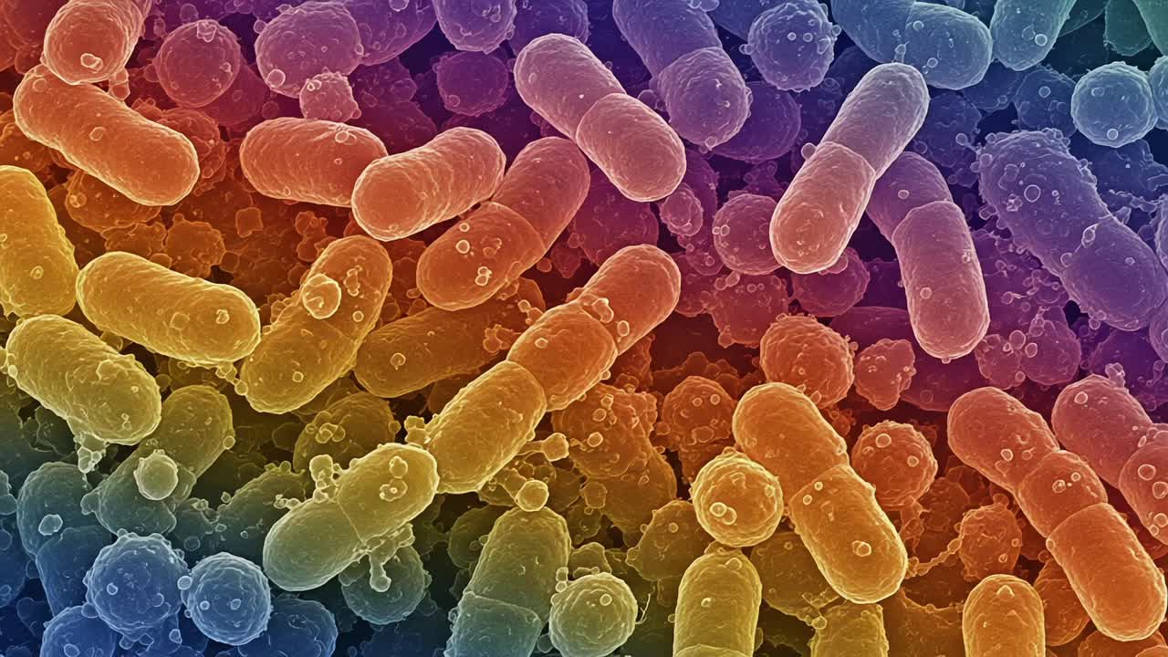 A Vibrant Microscopic Exploration of Bacteria, Showcasing Vivid Colors and Complex Structures in a Dense Microbial Environment