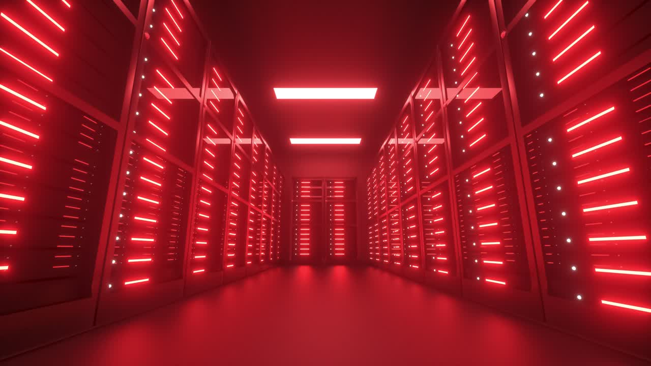 Endangered, hacked Datacenter server room interior walkthrough animation, 3d render 4k
