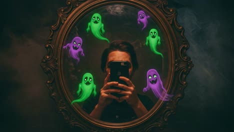 a haunting reflection: a person takes a selfie in a mirror surrounded by playful ghosts in a mysterious, foggy atmosphere