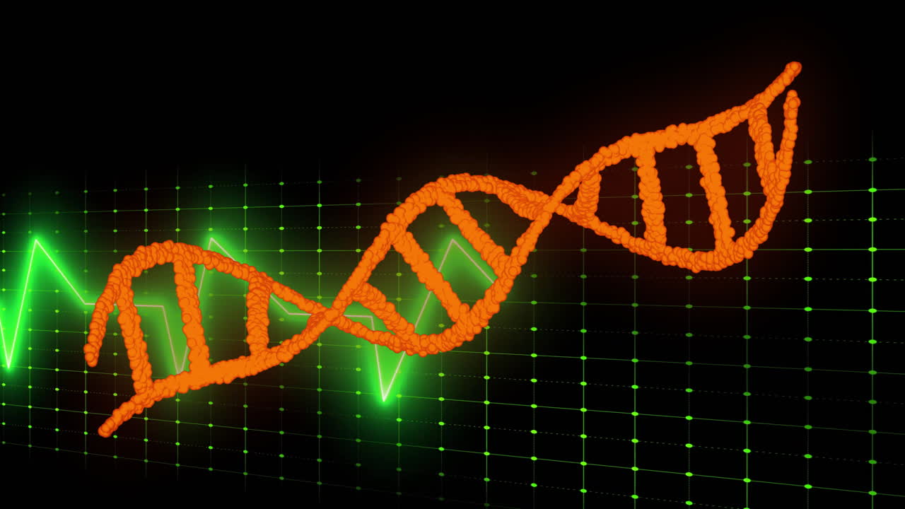 Animation of DNA strand glowing with green grid and waveform in background