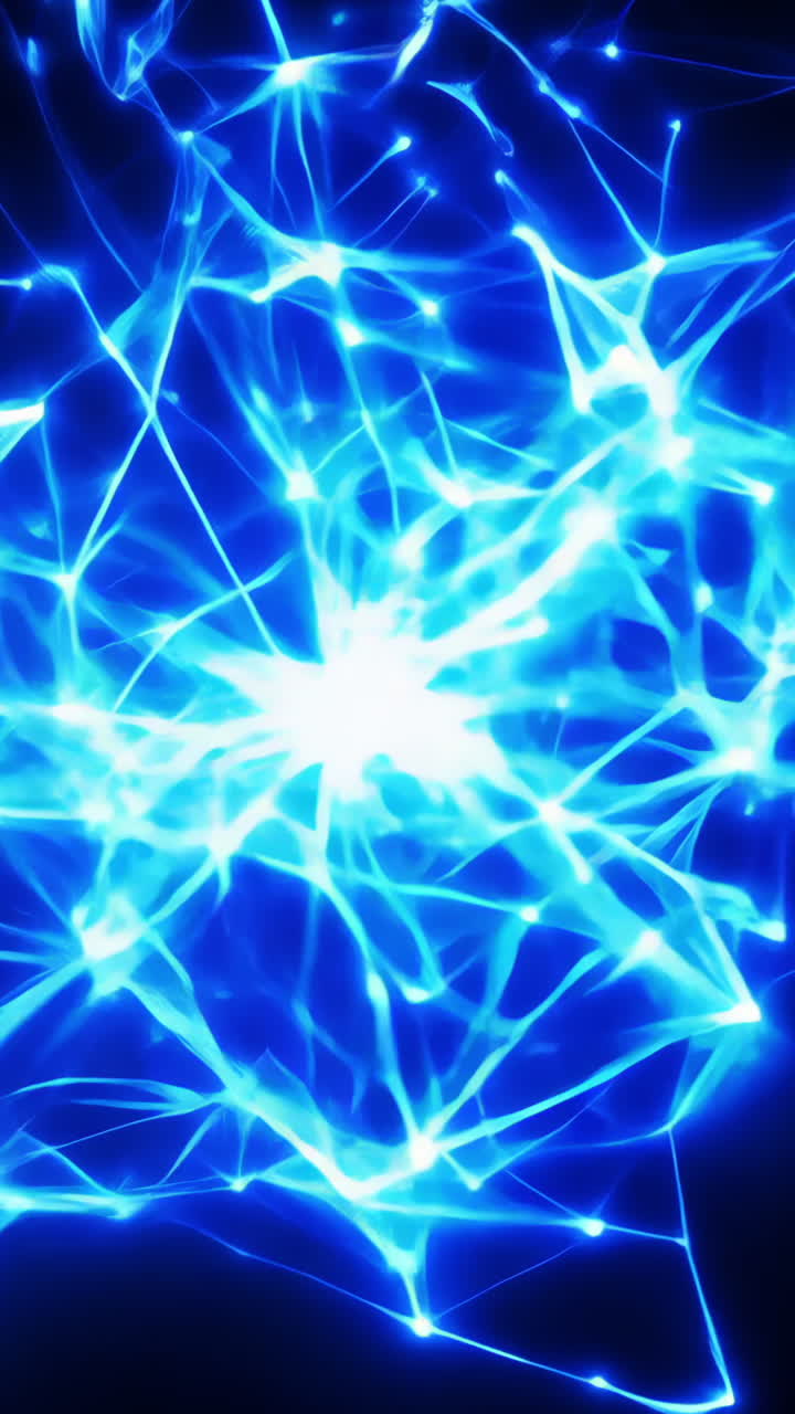 Electric Blue Abstract Network on Black Background. An intricate network of electric blue lines radiates from a bright center against a dark backdrop. Vertical video