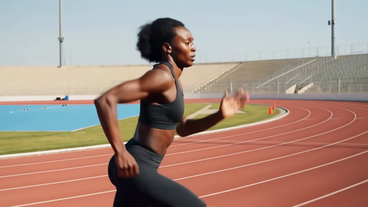 Mulher velocista negra treinando na pista, aceleração poderosa em plena passada pelas raias vermelhas em estádio ao ar livre.