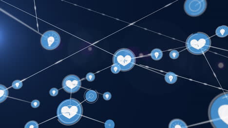 animación de la red de conexiones con iconos de corazón en fondo azul