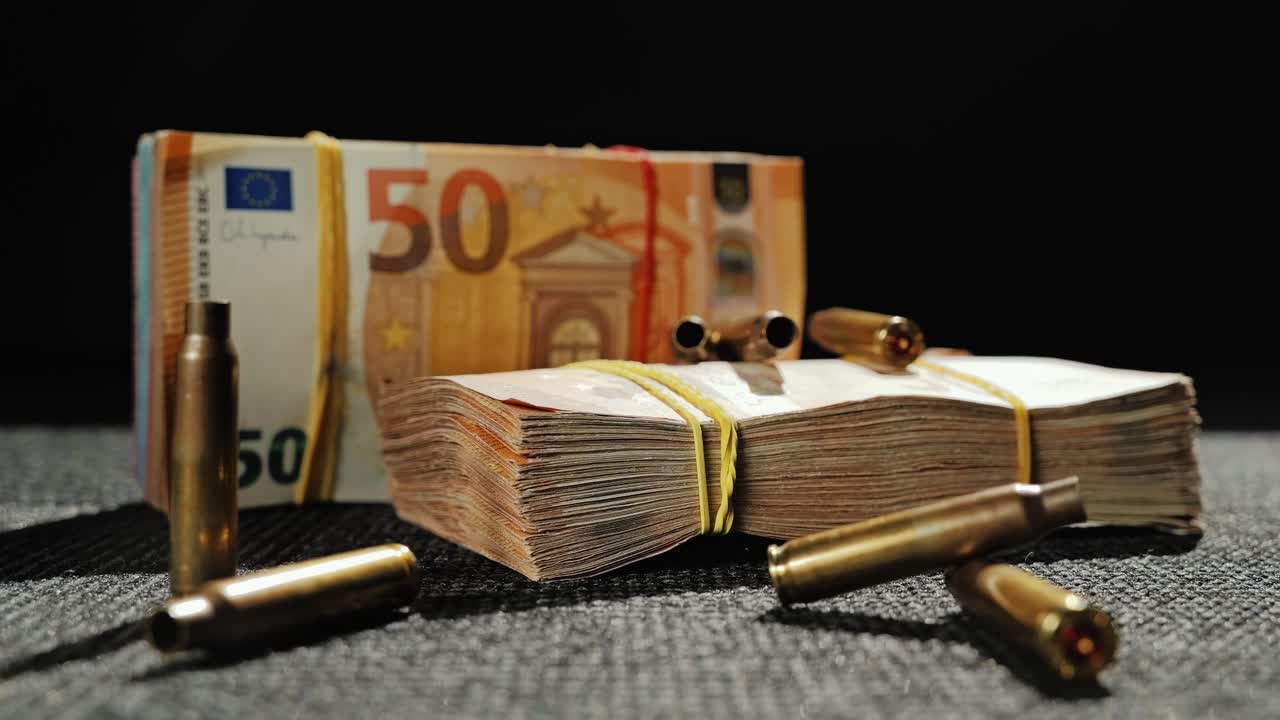 Symbolic contrast of money and violence in a dark, moody composition