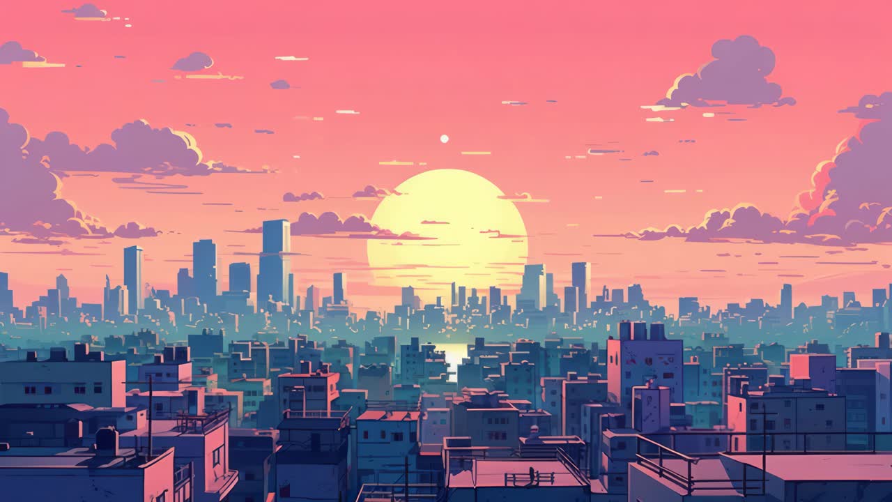 Vista aerea di un paesaggio urbano al tramonto, con un'illustrazione vivace e stilizzata