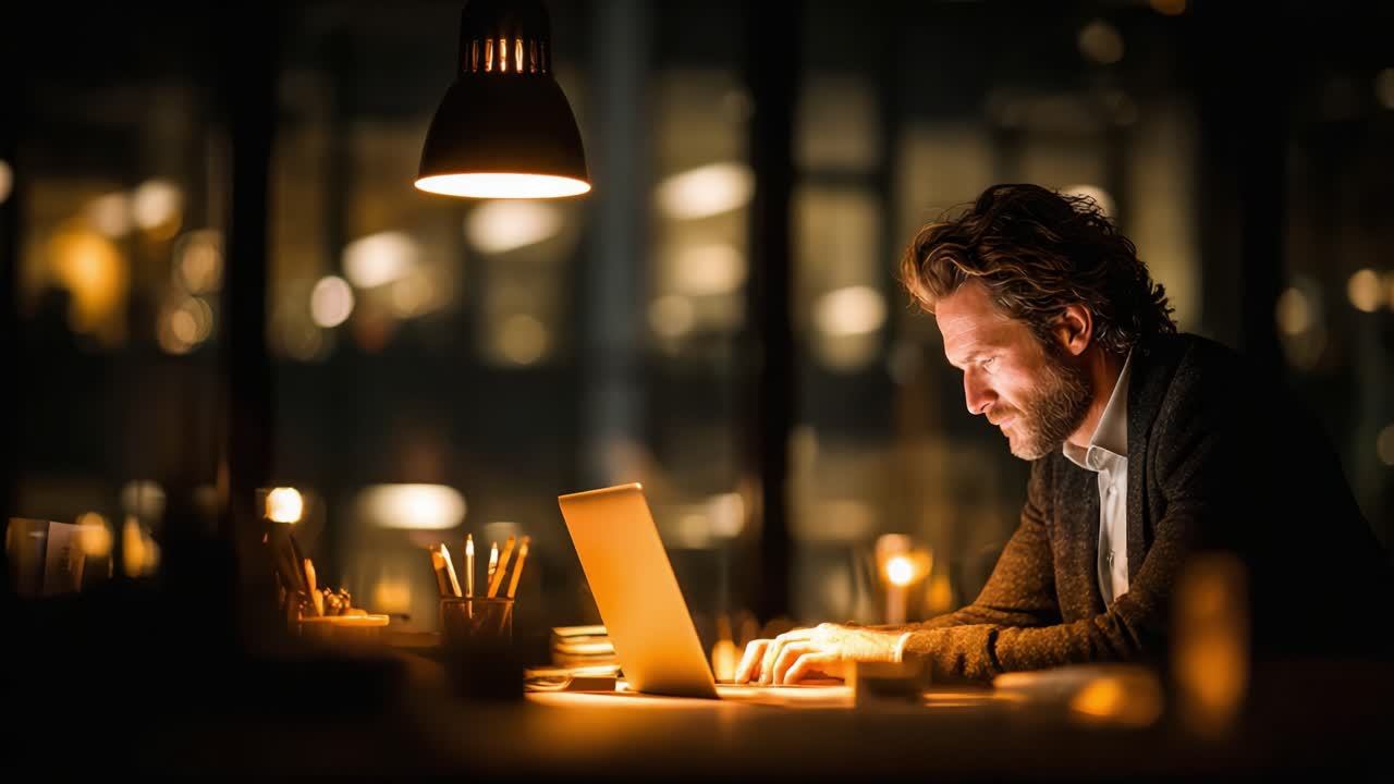 Un individuo concentrato che lavora a tarda notte, illuminato da una lampada da scrivania mentre è impegnato con un laptop, che riflette profonda concentrazione e produttività in un ambiente tranquillo.