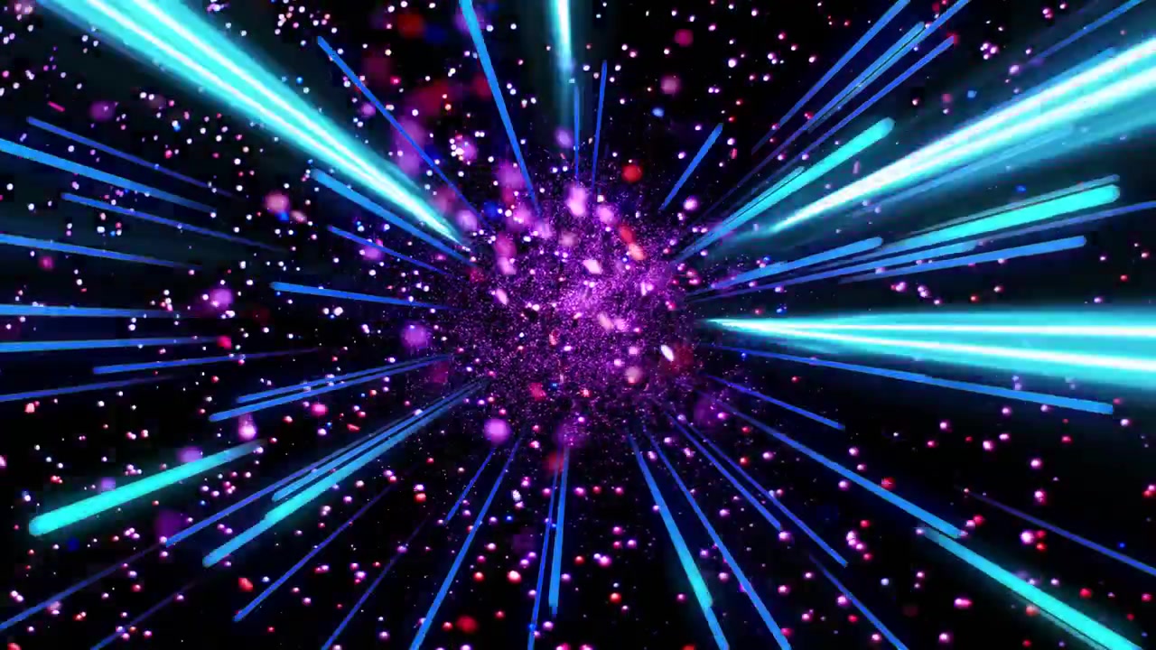 Grappolo magenta centrale che pulsa a intermittenza, emettendo raggi, scie e particelle, creando un tunnel.