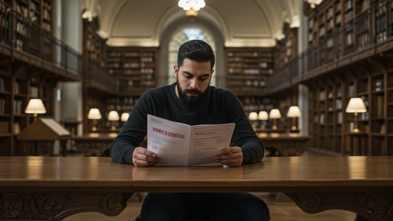 A Thoughtful Reader Engrossed in Literature Within the Tranquil Ambiance of a Grand Library Setting, Surrounded by Endless Shelves of Knowledge