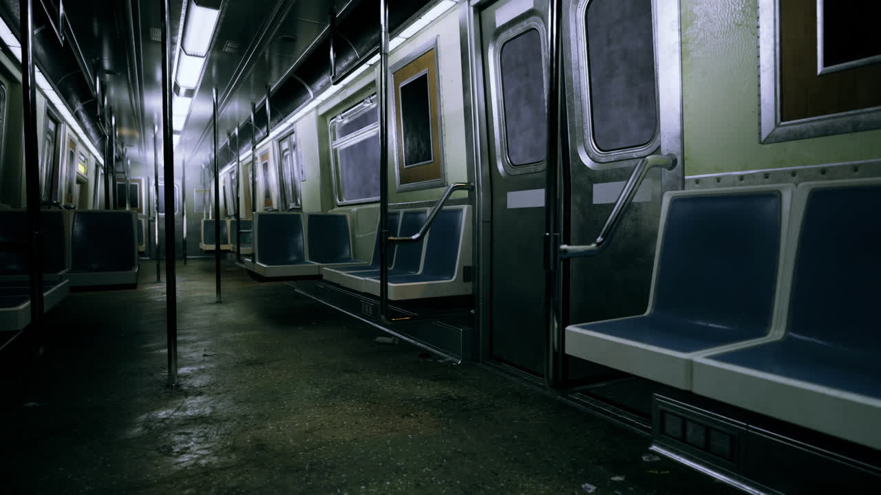 Interni di una carrozza della metropolitana vuota durante le ore notturne in una città