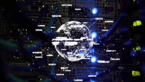glowing globe with interconnected words like success and innovation in network animation