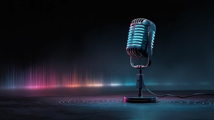 Un microfono radioso si erge maestosamente contro uno sfondo scuro, catturando onde sonore visualizzate da colori vivaci e motivi dinamici.