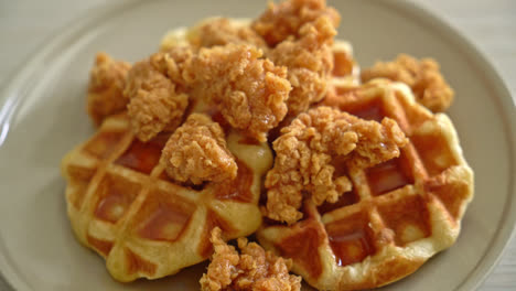 homemade fried chicken waffle with honey or maple syrup