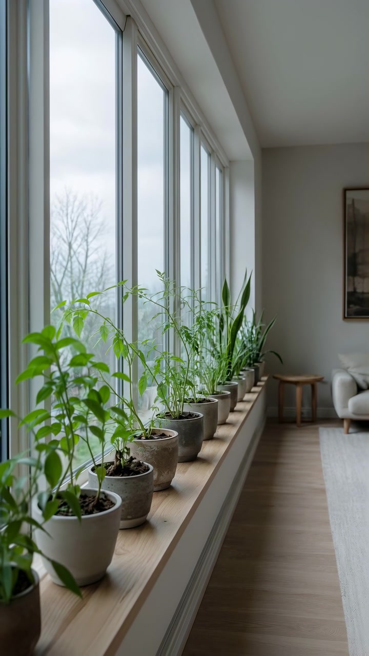 Piante d'appartamento in vaso disposte lungo un davanzale in rovere all'interno di un tranquillo soggiorno minimale con luce naturale soffusa, finestre verticali ripetute, arredamento neutro, texture naturali e verde fresco da interno
