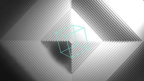 animación de un cubo de líneas azules en 3d sobre una pirámide negra y gris de líneas concéntricas