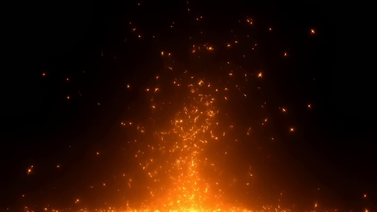 Glødende gløder og gnister stiger over sort baggrund, intens orange glød, partikler driver i slowmotion.