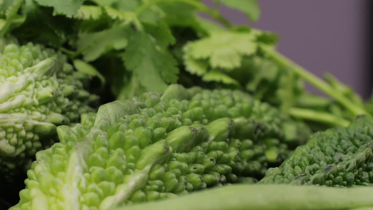 Close-up of Bitter Melon and Coriander