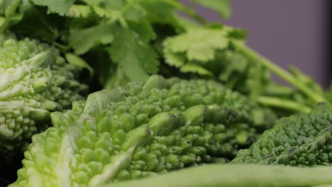 close-up of bitter melon and coriander