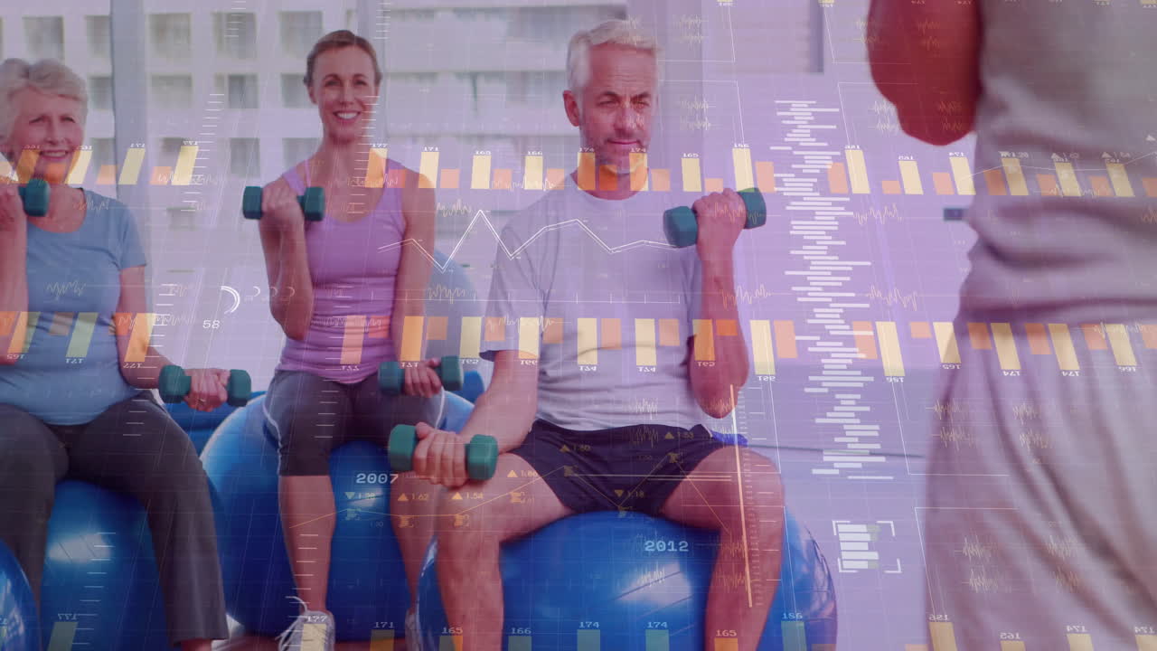 Fitness class group performing bicep curls on exercise balls, with floating charts, data readouts