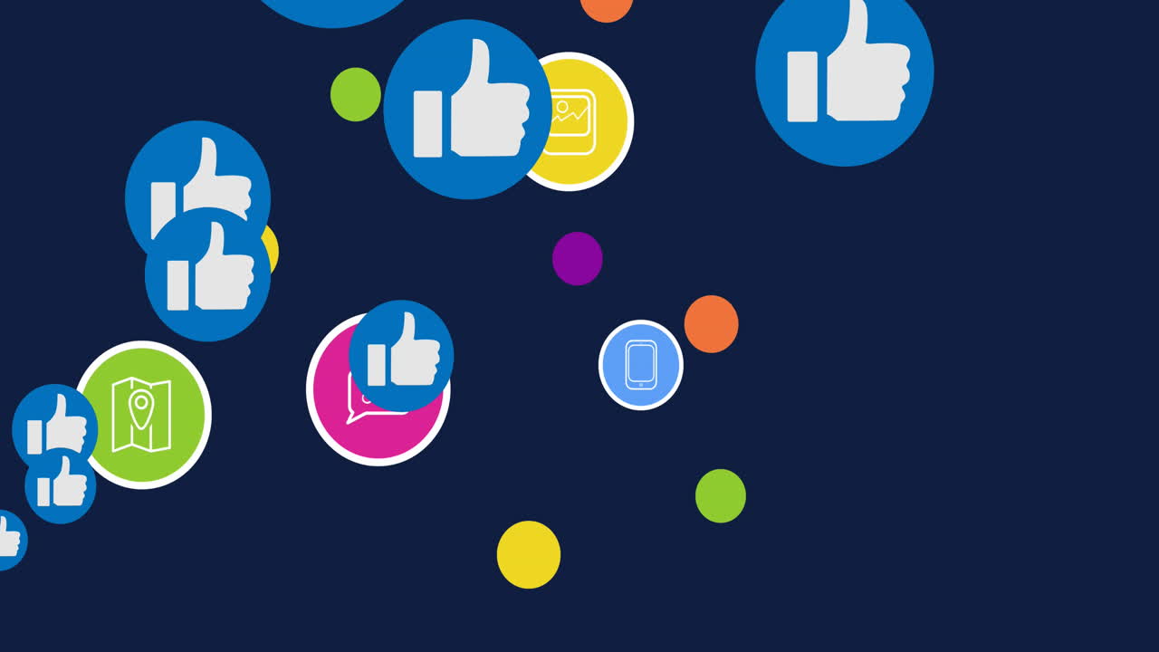 Animation of social media like and digital icons over blue background