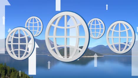Animation-of-white-arrows-and-globes-over-landscape