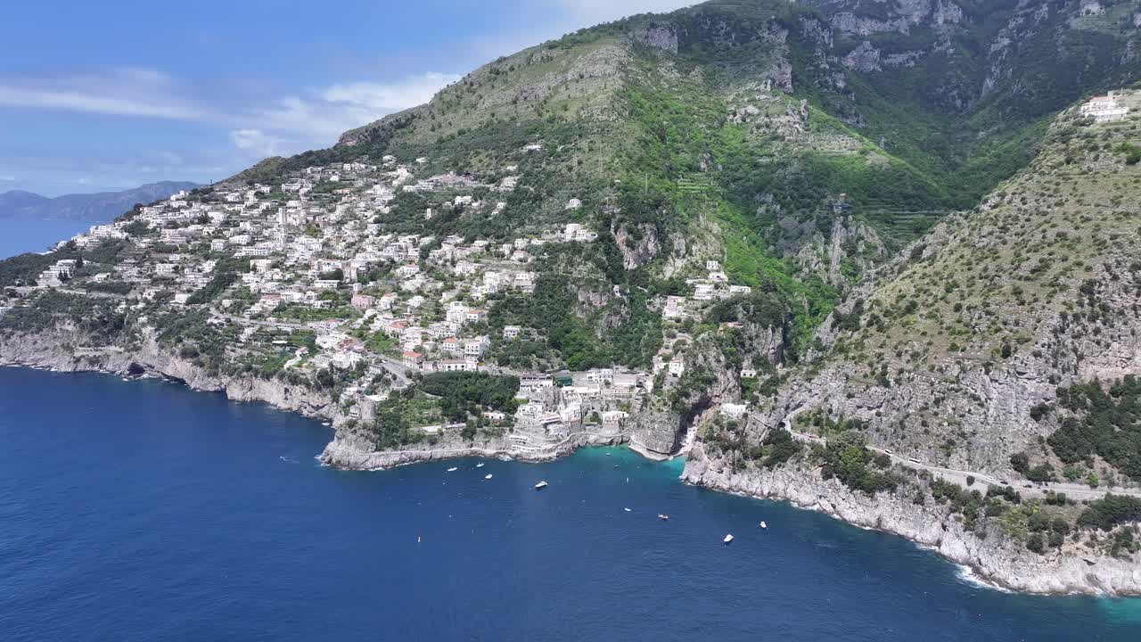 Amalfi Coast At Praiano In Salerno Italy. Coastal City. Waterfront Landscape. Amalfi Coast At Praiano In Salerno Italy. Beach Scenery. Medieval Buildings. Amalfi Coast Skyline