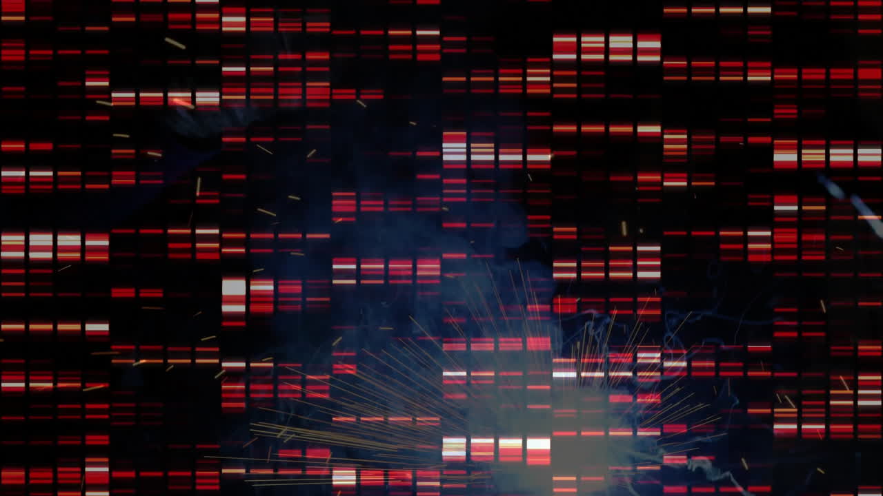 graphic designer analyzing data grid on digital interface, with animated smoke and ember streaks