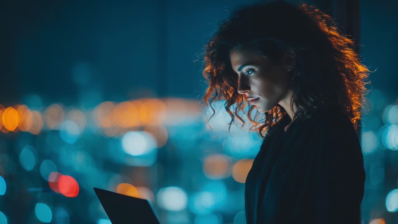 A focused individual working late at night on a laptop, illuminated by the glow of city lights, showcasing determination and clarity in a digital world
