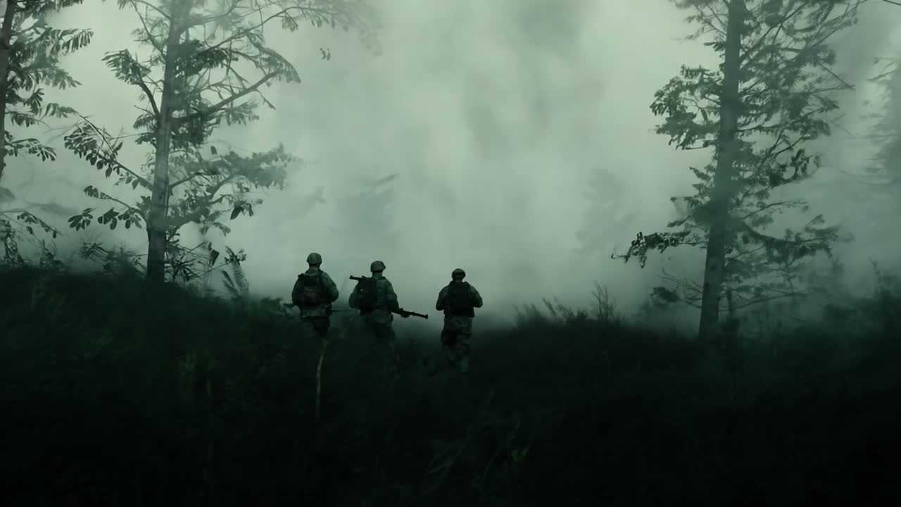 군인들이 안개 숲을 걸어가고 있습니다.