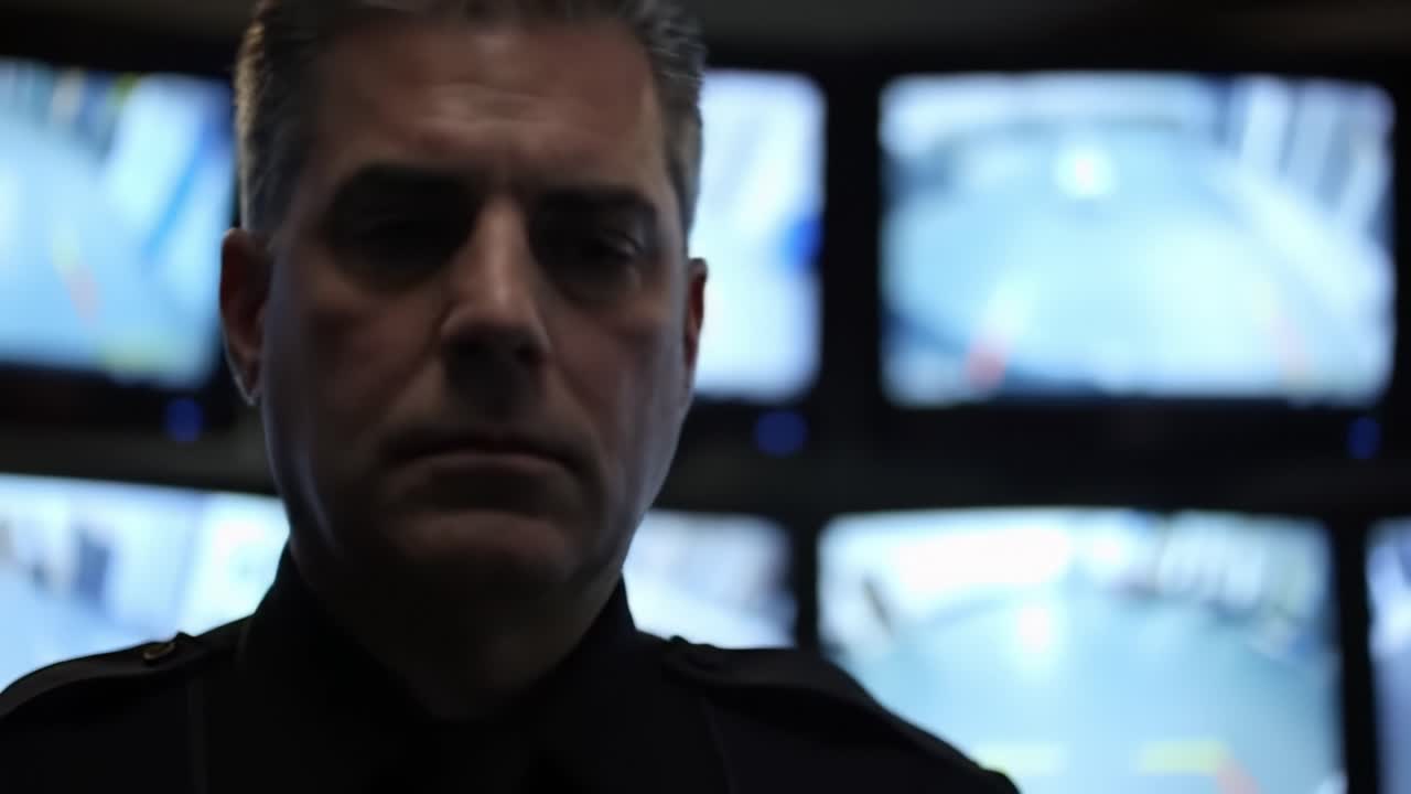 A security officer focuses on multiple surveillance screens, watching over a bustling location. The night shift is filled with activity, showcasing the importance of vigilance.