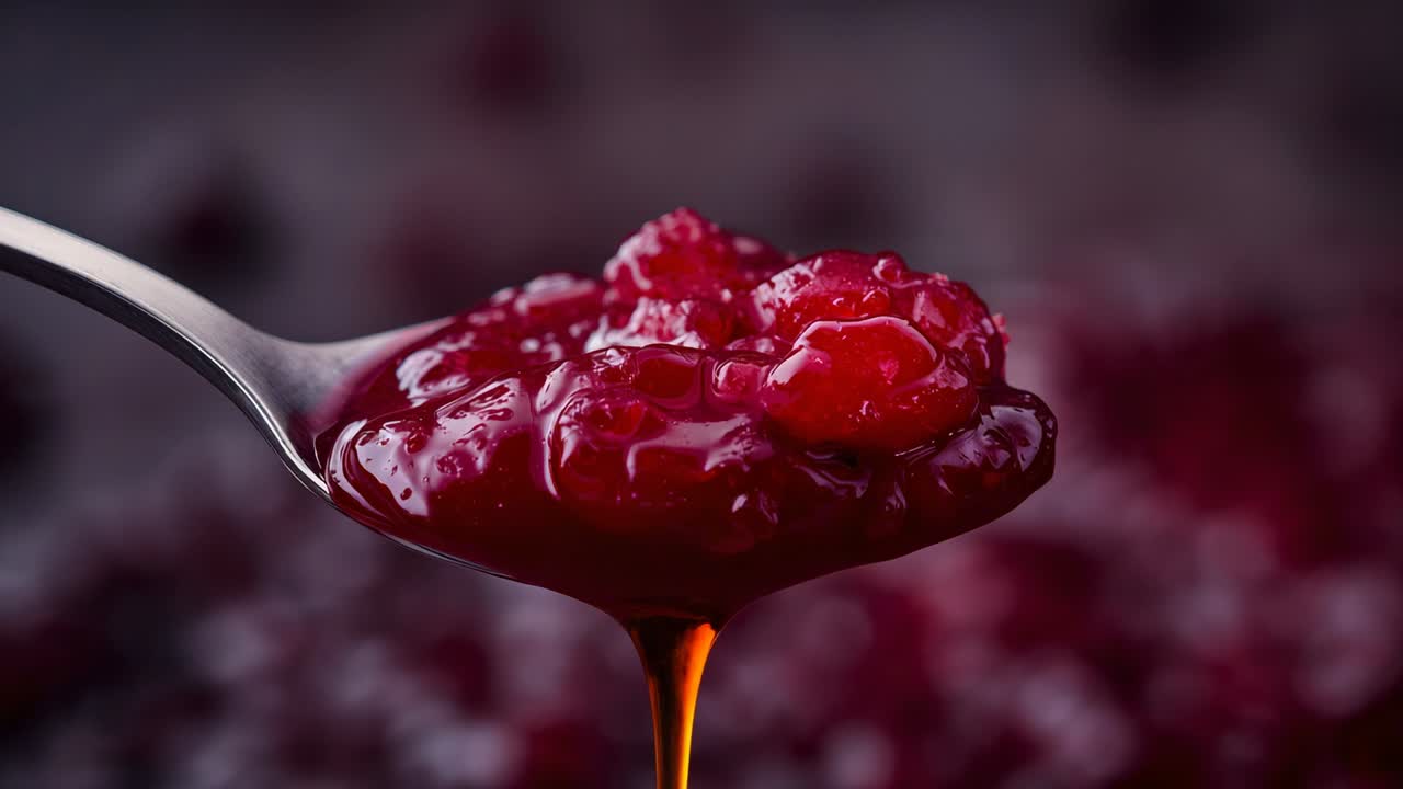 Forming droplet on metal spoon releasing red berry compote in studio, with steady drip