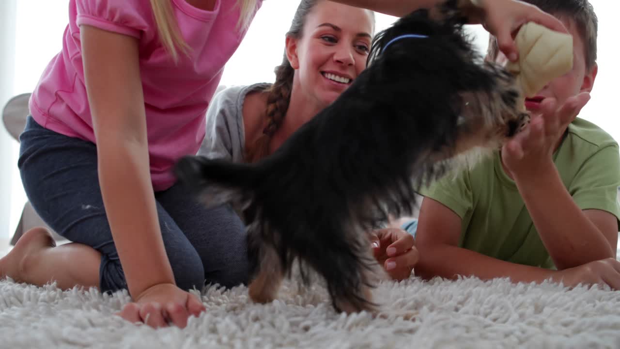 hermanos jugando con cachorro y hueso con su madre