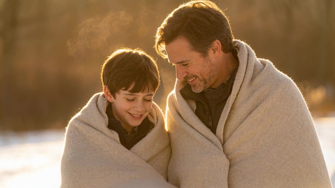 Padre e figlio sorridenti che condividono una coperta beige, appoggiati nella neve, con giacche scure, respiro visibile, mentre si scaldano.