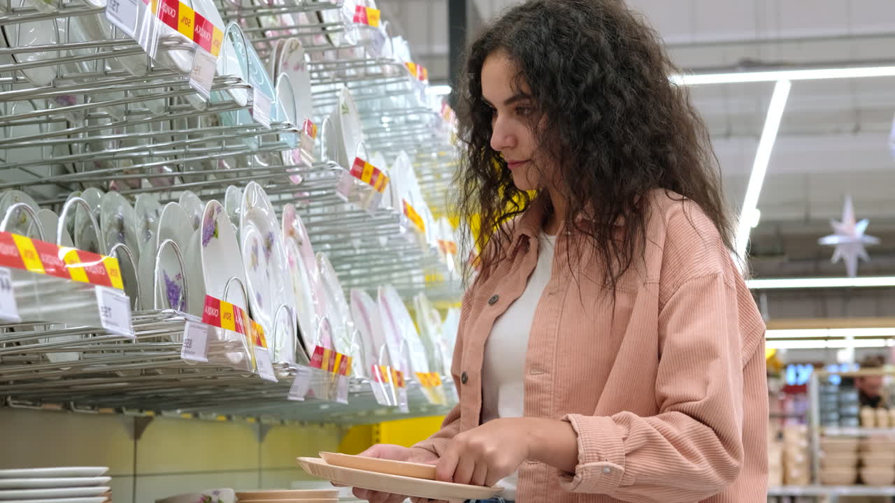 mujer comprando platos en un supermercado