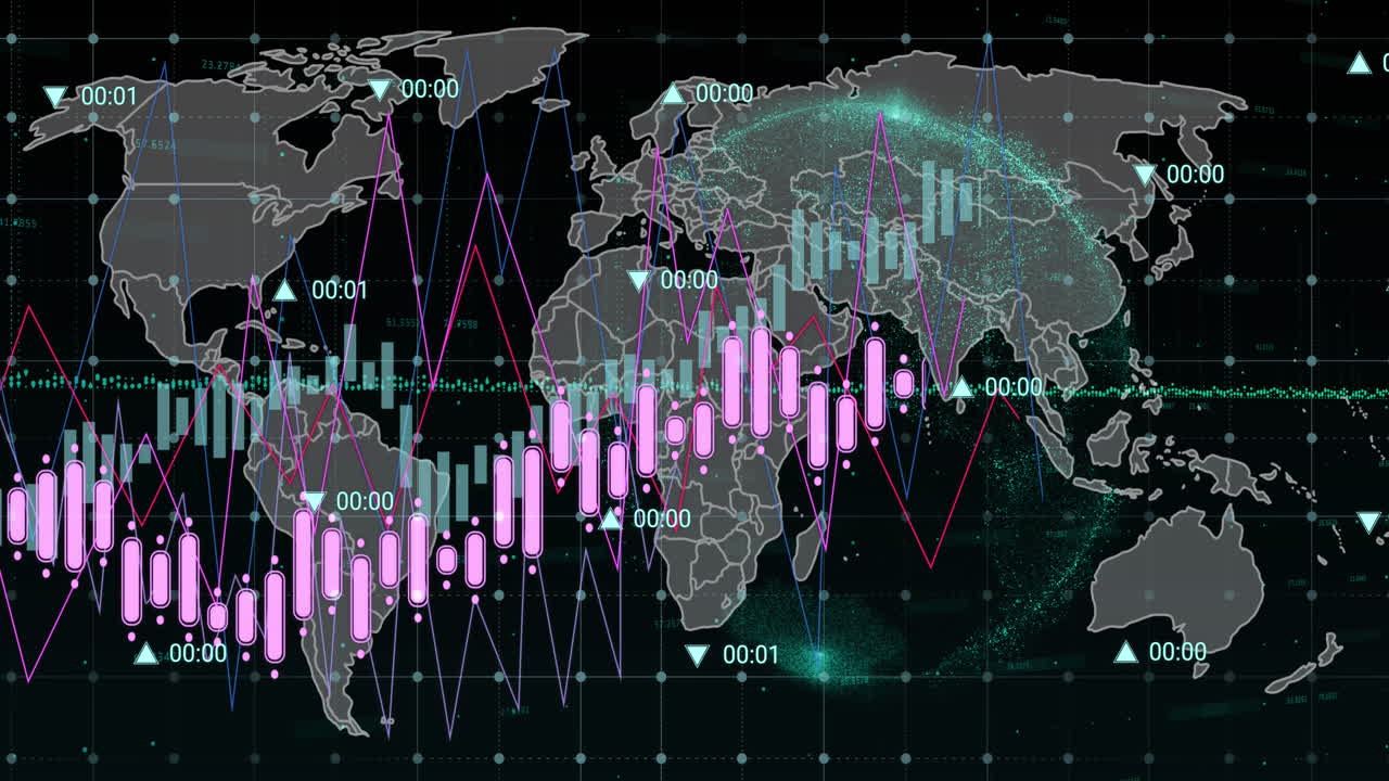 Animation of financial data processing over world map