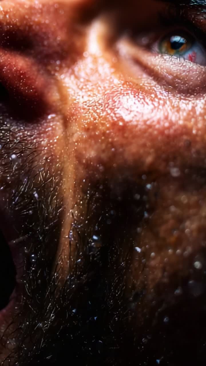Gros plan intense sur un visage déterminé affichant émotion, courage et concentration, avec une peau scintillante, faisant ressortir l’expression humaine brute avec un niveau de détail élevé