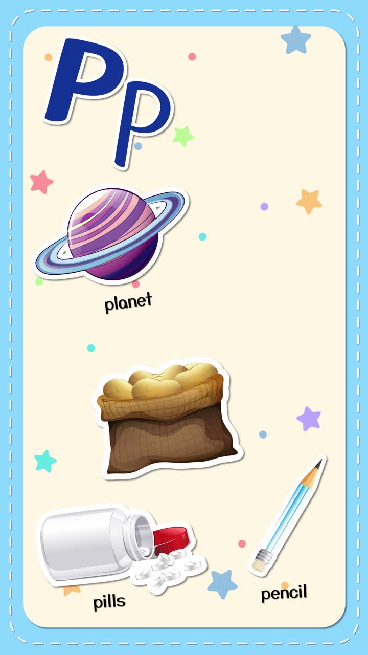 Flashcard animata mostra la lettera P insieme a illustrazioni di pianeta, pillole, matita, patate, pinguino e ornitorinco