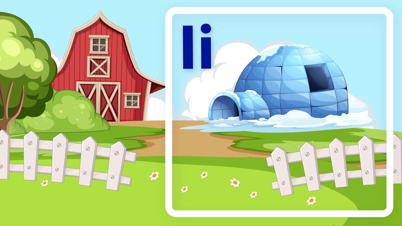 Grafica educativa animata che mostra la lettera I e un igloo su un paesaggio agricolo.
