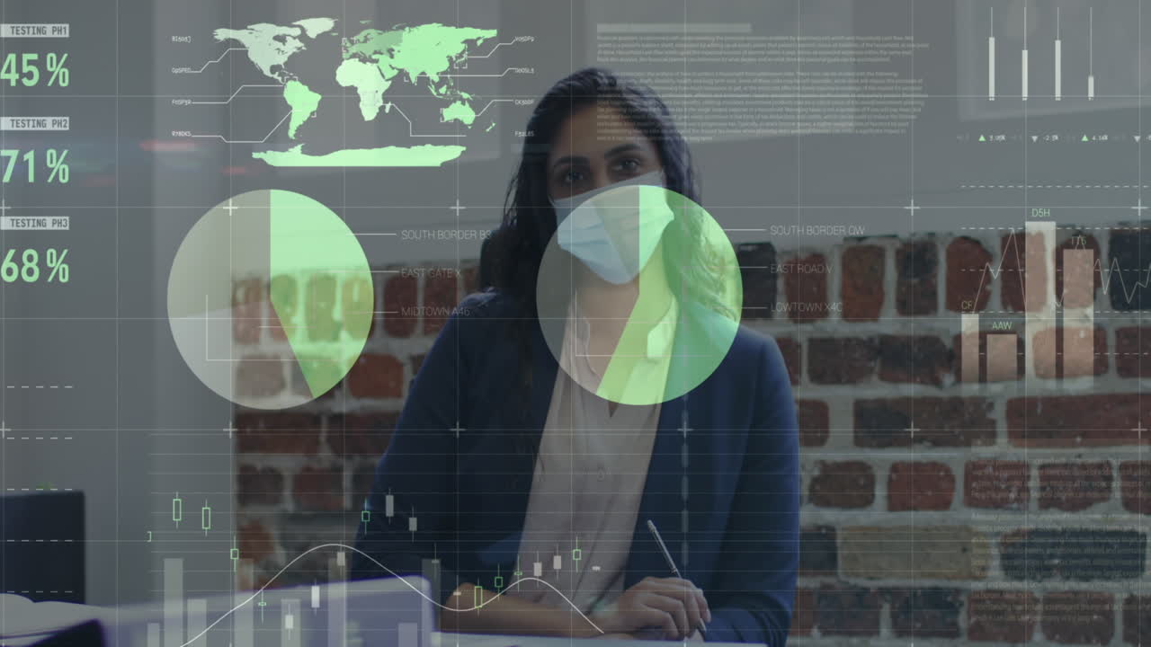 animación del procesamiento de datos financieros sobre una mujer de negocios con máscara facial