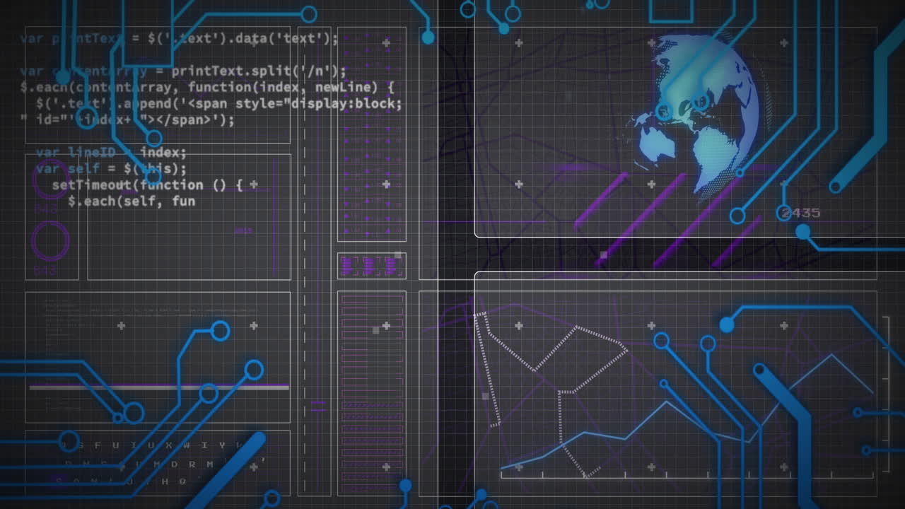 Floating futuristic UI panels showing code and blue circuit lines connecting nodes, globe glowing