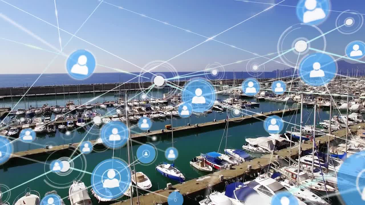 마리나 위의 아이콘으로 연결 네트워크의 애니메이션