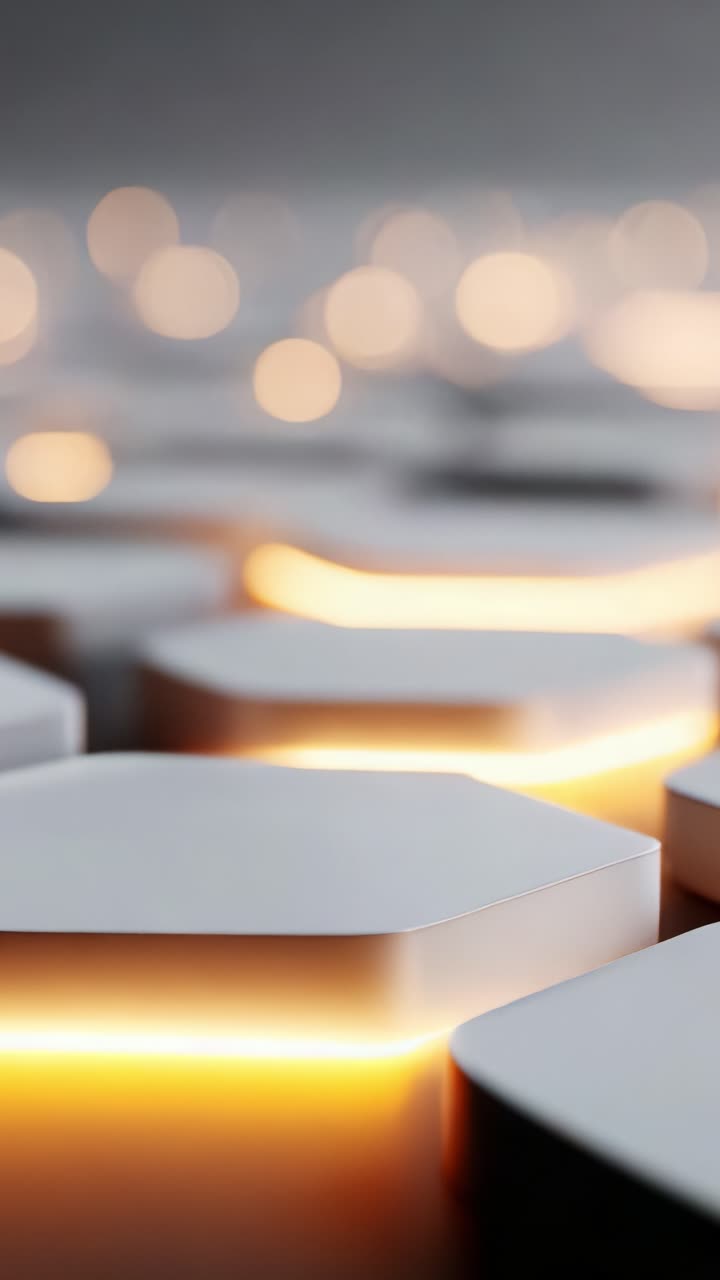 A Close-Up View of Illuminated Hexagonal Shapes Creating a Modern, Futuristic Pattern with Soft Orange Glow Against a Blurred Background