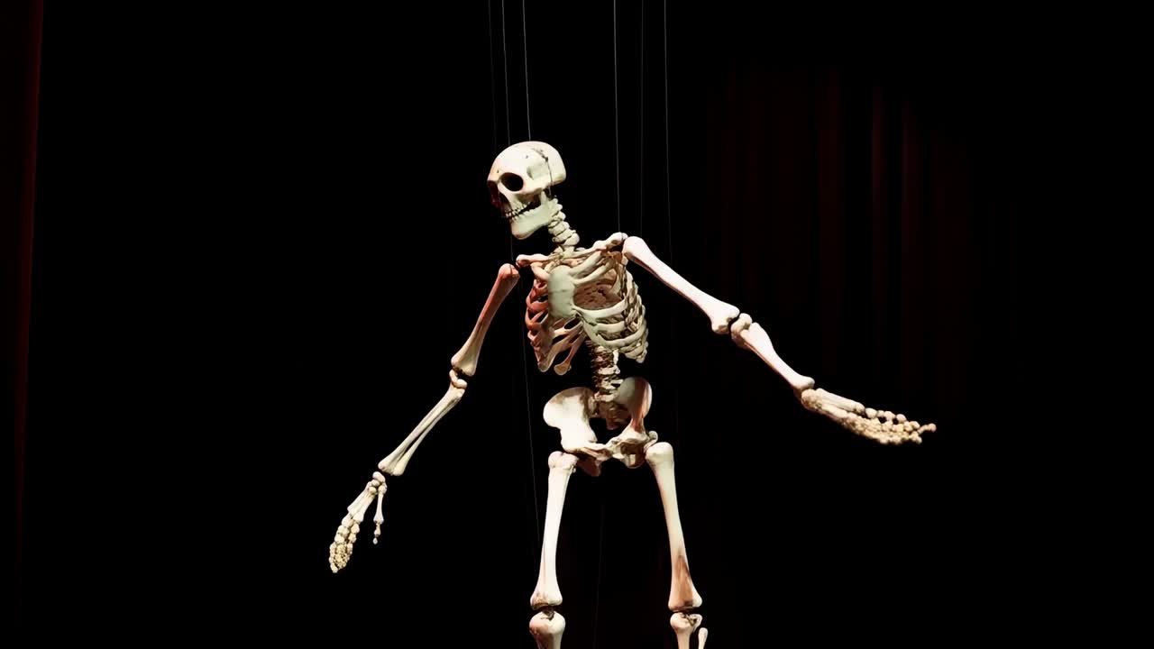 Marionete esquelética balançando e cambaleando ao ser controlada por uma barra em um palco escuro, posando sob os holofotes