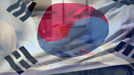 south korean flag overlaying medical instruments in hospital with animation effect