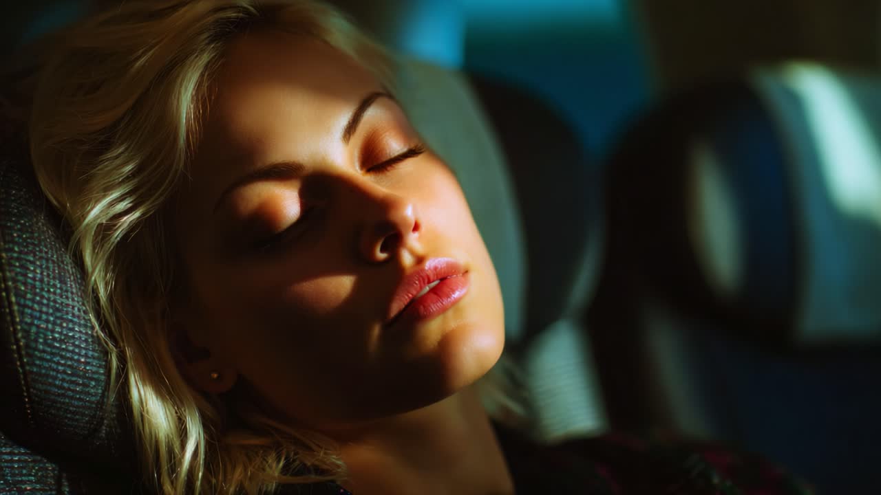 A serene moment captured during a flight, showcasing a woman peacefully resting with her eyes closed, illuminated by gentle sunlight casting engaging shadows on her face and the airplane interior