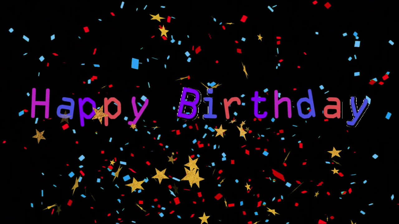animación de texto de cumpleaños feliz sobre confeti colorido y estrellas en fondo negro