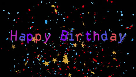animación de texto de cumpleaños feliz sobre confeti colorido y estrellas en fondo negro