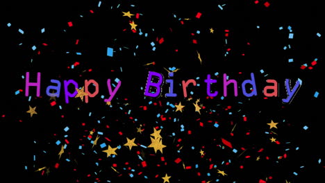 happy birthday text animation over colorful confetti and stars on black background